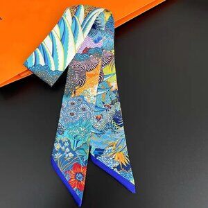 2/$15 NWT 100% Silk Jungle Aqua Print Double-Sided Ribbon Style Multicolor Tie